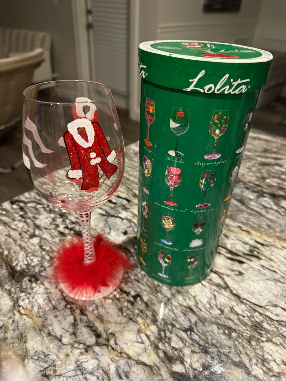 Lolita Red and White Holiday Wine Glass with Feathered Base